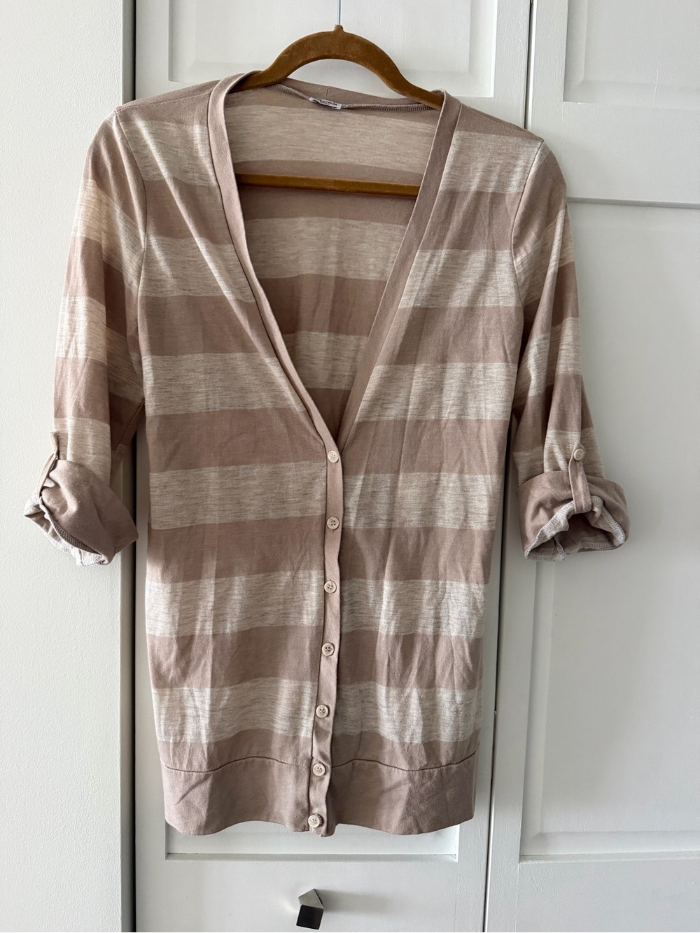 Splendid Neutral Striped Roll Tab V-Neck Cardigan S